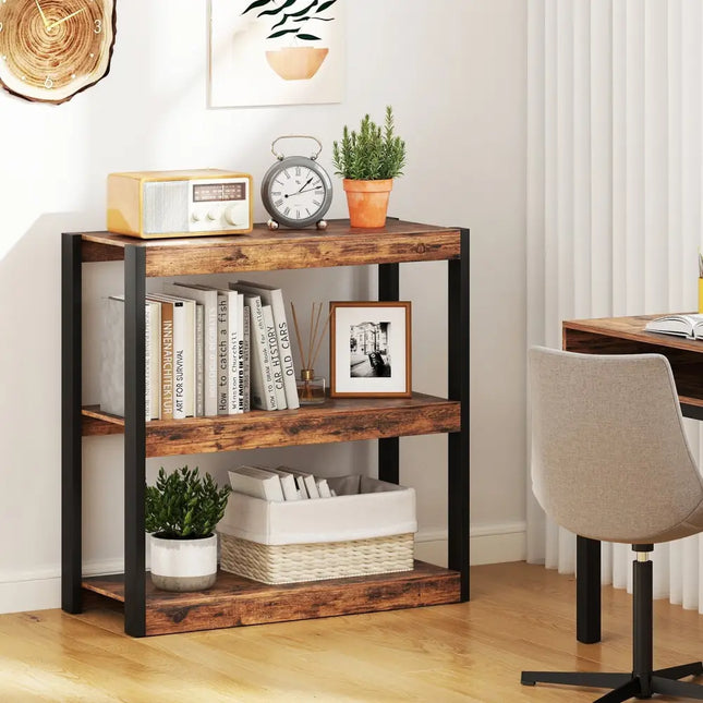 3 Tier Bookshelf Wooden Bookcase with Dual Anti-Tipping Kits-Rustic Brown Costway