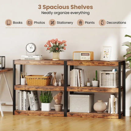 3 Tier Bookshelf Wooden Bookcase with Dual Anti-Tipping Kits-Rustic Brown Costway