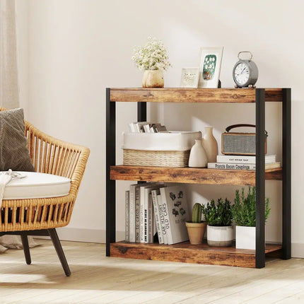3 Tier Bookshelf Wooden Bookcase with Dual Anti-Tipping Kits-Rustic Brown Costway