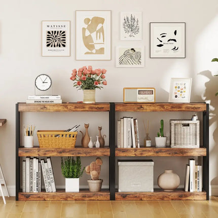 3 Tier Bookshelf Wooden Bookcase with Dual Anti-Tipping Kits-Rustic Brown Costway