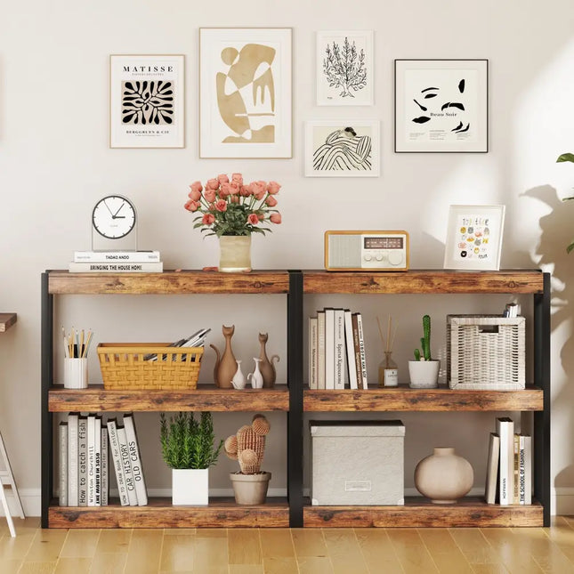 3 Tier Bookshelf Wooden Bookcase with Dual Anti-Tipping Kits-Rustic Brown Costway