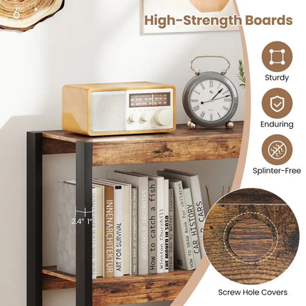 3 Tier Bookshelf Wooden Bookcase with Dual Anti-Tipping Kits-Rustic Brown Costway