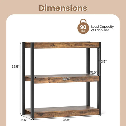 3 Tier Bookshelf Wooden Bookcase with Dual Anti-Tipping Kits-Rustic Brown Costway