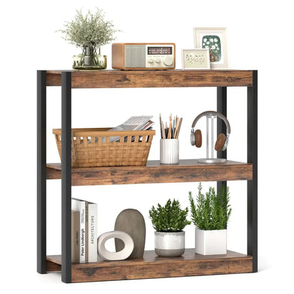 3 Tier Bookshelf Wooden Bookcase with Dual Anti-Tipping Kits-Rustic Brown Costway