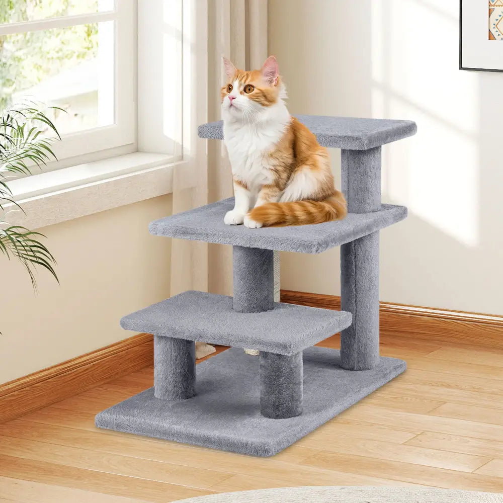 3-Tier Cat Stairs 19 Inch Plush Steps with Scratching Posts for High Bed Sofa-Gray - Gray - Cat Trees Condos &