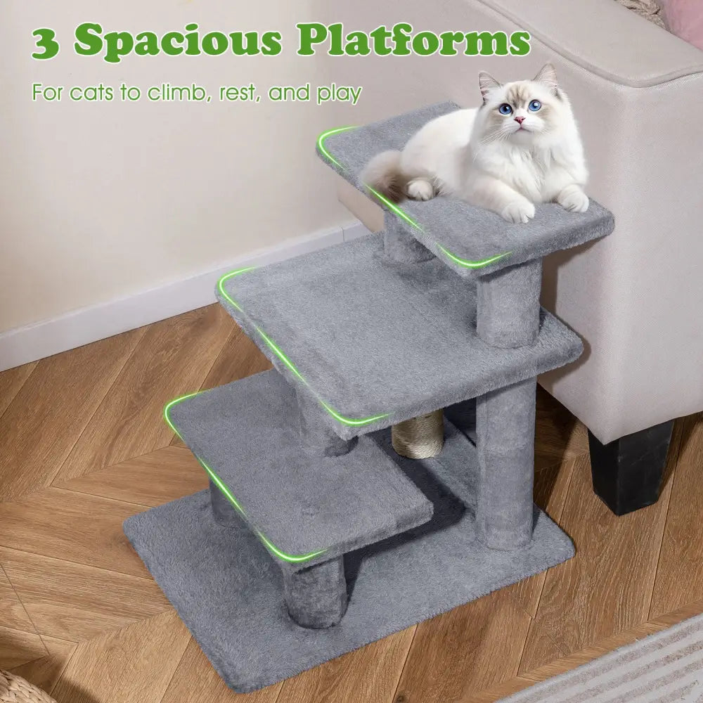 3-Tier Cat Stairs 19 Inch Plush Steps with Scratching Posts for High Bed Sofa-Gray - Gray - Cat Trees Condos &