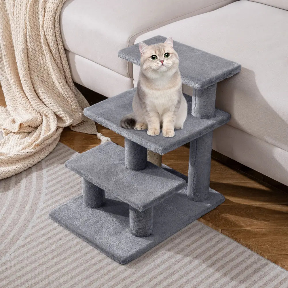 3-Tier Cat Stairs 19 Inch Plush Steps with Scratching Posts for High Bed Sofa-Gray - Gray - Cat Trees Condos &