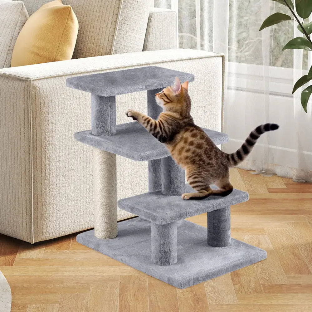 3-Tier Cat Stairs 19 Inch Plush Steps with Scratching Posts for High Bed Sofa-Gray - Gray - Cat Trees Condos &