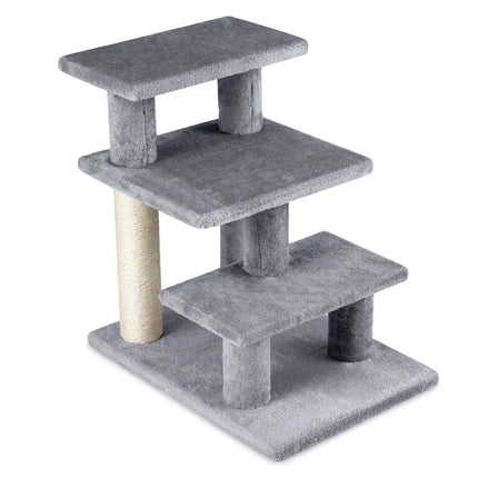 3 - Tier Cat Stairs 19 Inch Plush Steps with Scratching Posts for High Bed Sofa - Gray - Oasis Home Essentials