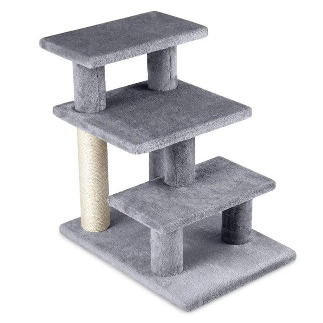 3 - Tier Cat Stairs 19 Inch Plush Steps with Scratching Posts for High Bed Sofa - Gray - Oasis Home Essentials
