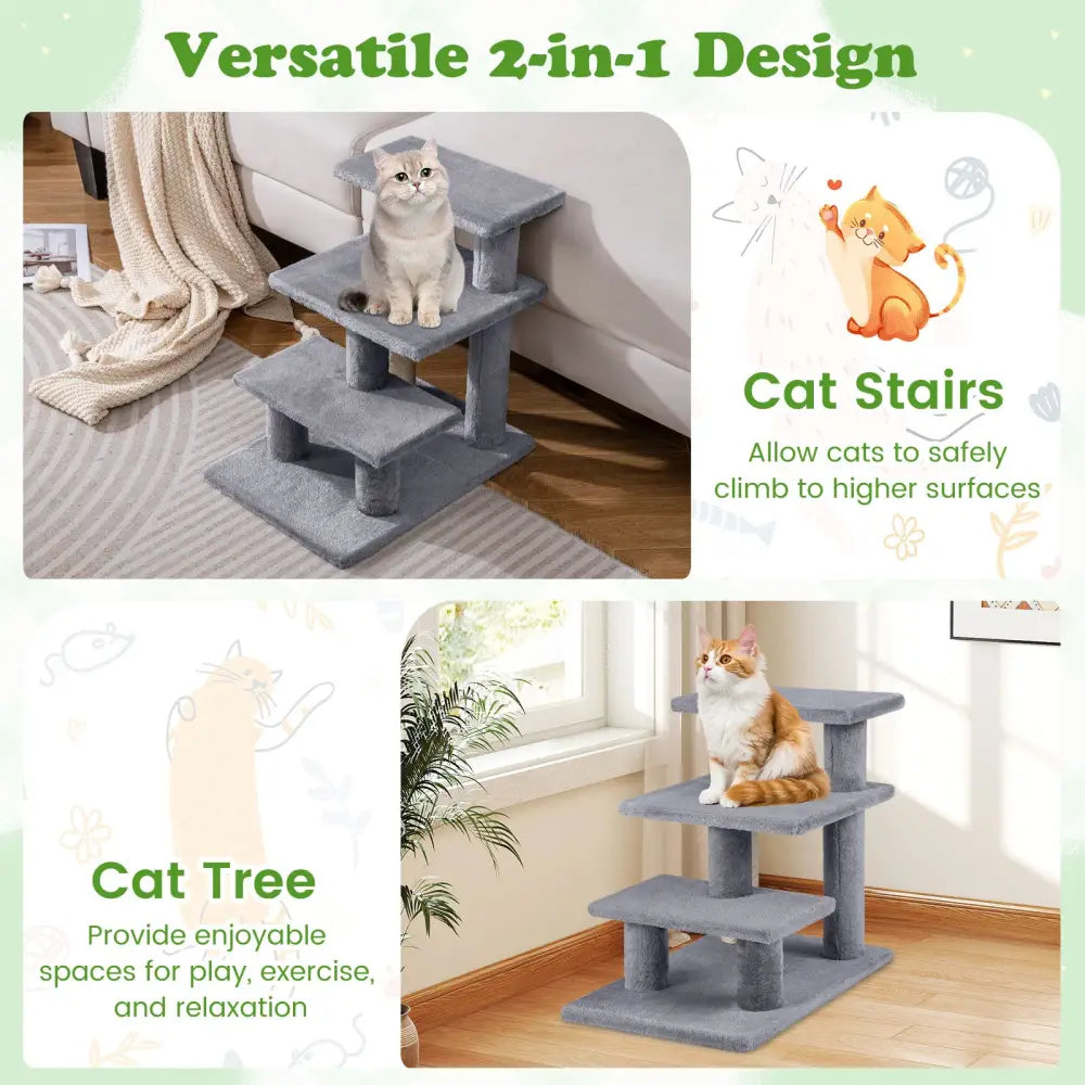 3-Tier Cat Stairs 19 Inch Plush Steps with Scratching Posts for High Bed Sofa-Gray - Gray - Cat Trees Condos &