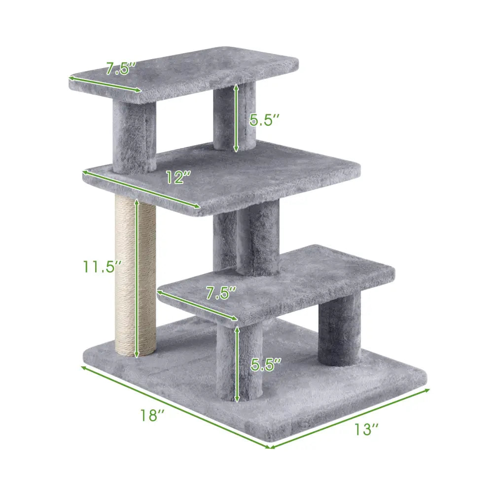 3-Tier Cat Stairs 19 Inch Plush Steps with Scratching Posts for High Bed Sofa-Gray - Gray - Cat Trees Condos &