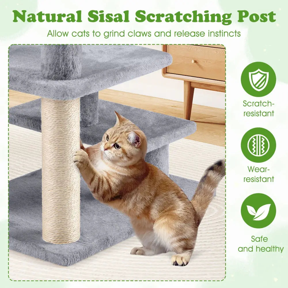 3-Tier Cat Stairs 19 Inch Plush Steps with Scratching Posts for High Bed Sofa-Gray - Gray - Cat Trees Condos &