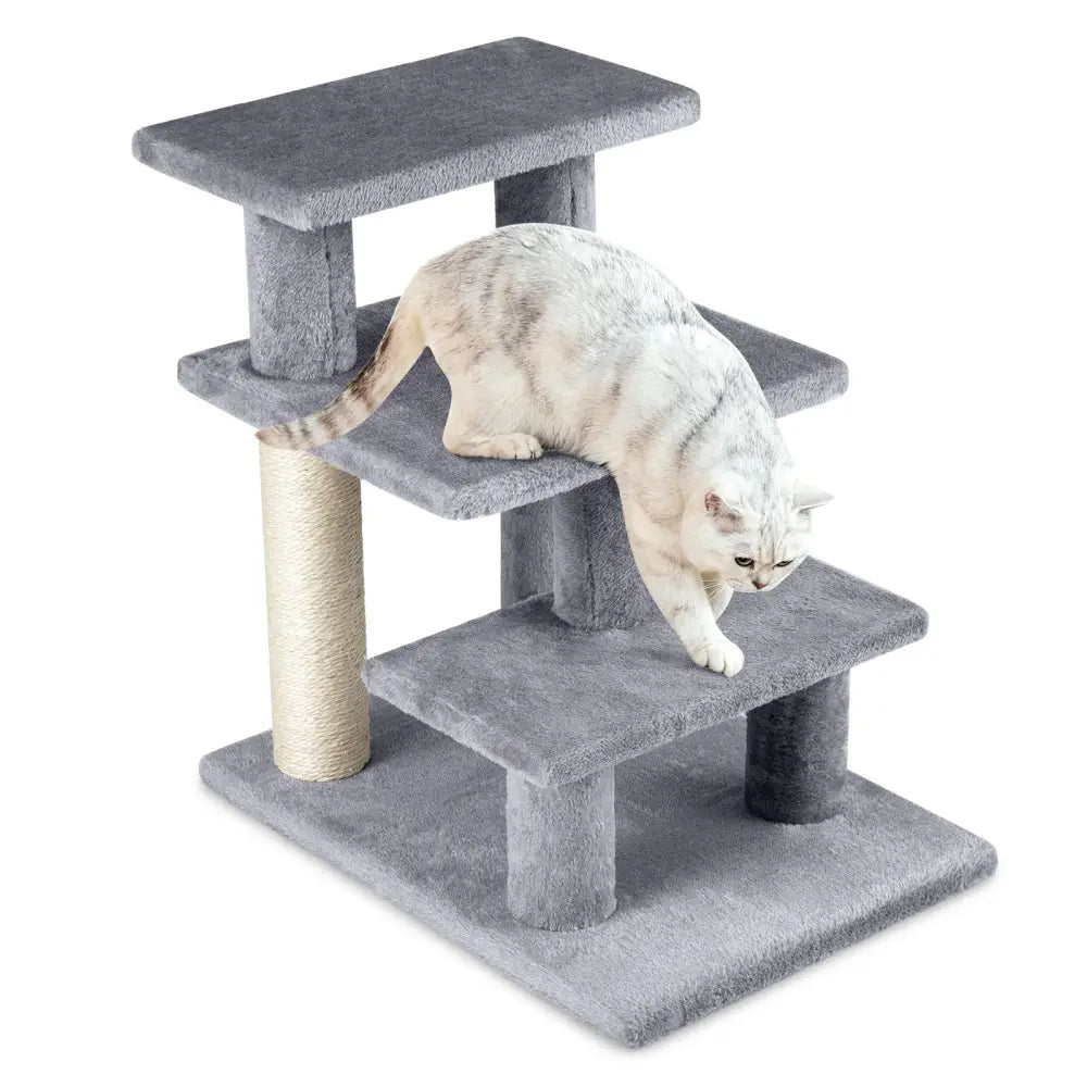 3-Tier Cat Stairs 19 Inch Plush Steps with Scratching Posts for High Bed Sofa-Gray - Gray - Cat Trees Condos &