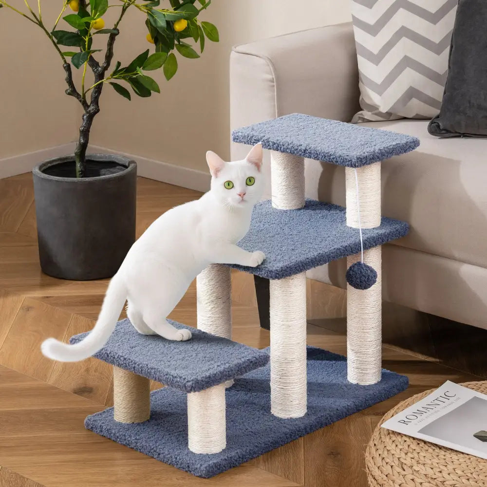3-Tier Cat Stairs 20 Inch with Scratching Posts and Hanging Toy Ball-Gray - Gray - Cat Trees Condos & Scratchers
