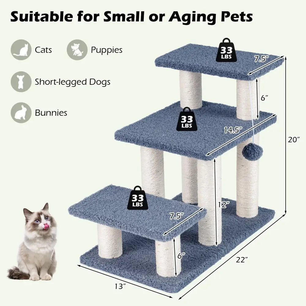 3-Tier Cat Stairs 20 Inch with Scratching Posts and Hanging Toy Ball-Gray - Gray - Cat Trees Condos & Scratchers