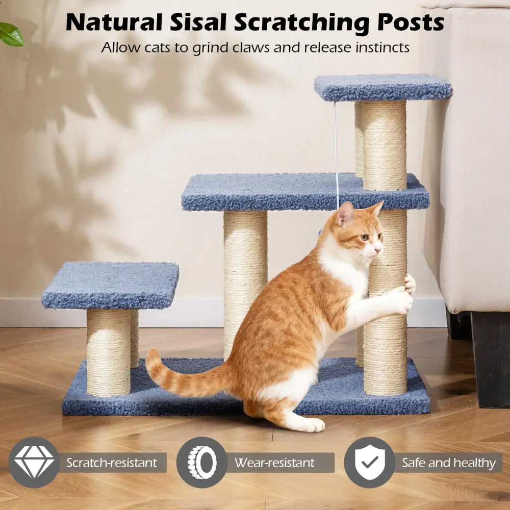 3-Tier Cat Stairs 20 Inch with Scratching Posts and Hanging Toy Ball-Gray - Gray - Cat Trees Condos & Scratchers