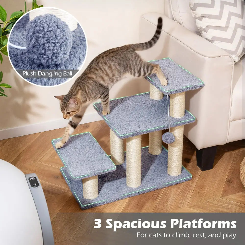 3-Tier Cat Stairs 20 Inch with Scratching Posts and Hanging Toy Ball-Gray - Gray - Cat Trees Condos & Scratchers