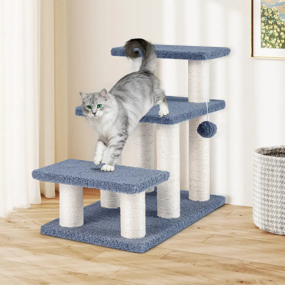 3-Tier Cat Stairs 20 Inch with Scratching Posts and Hanging Toy Ball-Gray - Gray - Cat Trees Condos & Scratchers