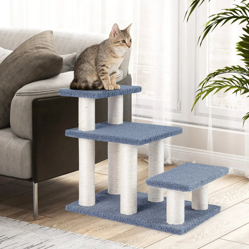 3-Tier Cat Stairs 20 Inch with Scratching Posts and Hanging Toy Ball-Gray - Gray - Cat Trees Condos & Scratchers