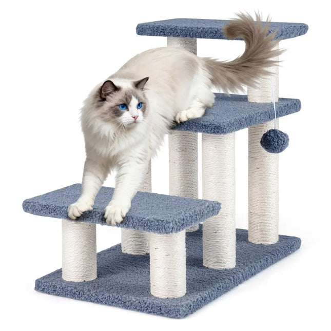 3-Tier Cat Stairs 20 Inch with Scratching Posts and Hanging Toy Ball-Gray - Gray - Cat Trees Condos & Scratchers