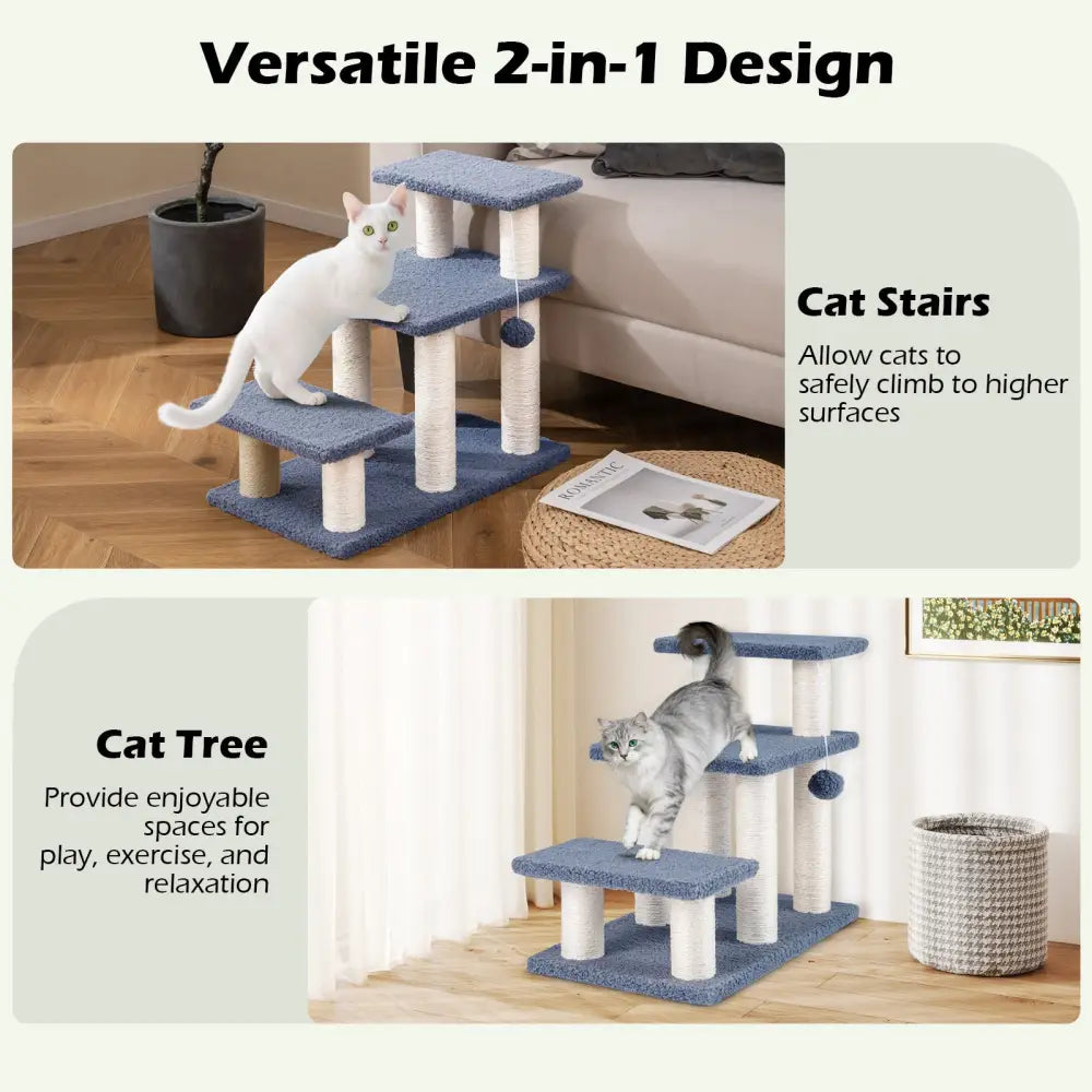 3-Tier Cat Stairs 20 Inch with Scratching Posts and Hanging Toy Ball-Gray - Gray - Cat Trees Condos & Scratchers