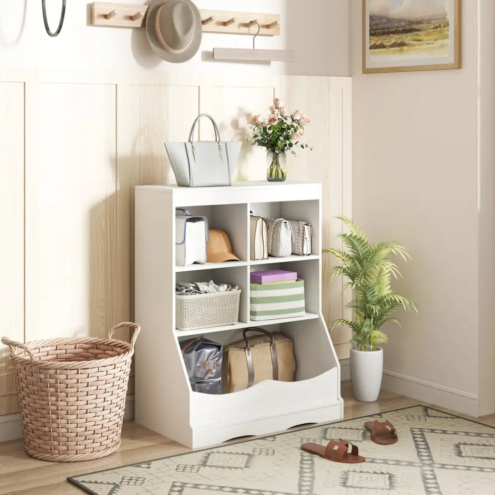 3-Tier Children’s Multi-Functional Bookcase Toy Storage Bin Floor Cabinet-White - White - Kids Storage