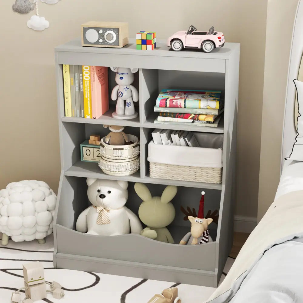 3-Tier Children’s Multi-Functional Bookcase Toy Storage Bin Floor Cabinet-Gray - Gray - Kids Storage