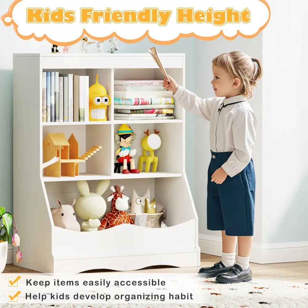 3-Tier Children’s Multi-Functional Bookcase Toy Storage Bin Floor Cabinet-White - White - Kids Storage