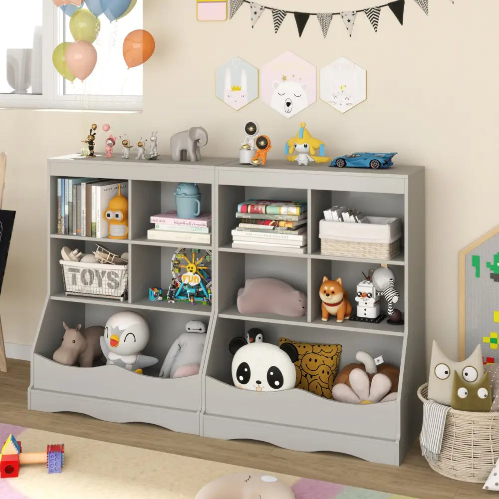 3-Tier Children’s Multi-Functional Bookcase Toy Storage Bin Floor Cabinet-Gray - Gray - Kids Storage