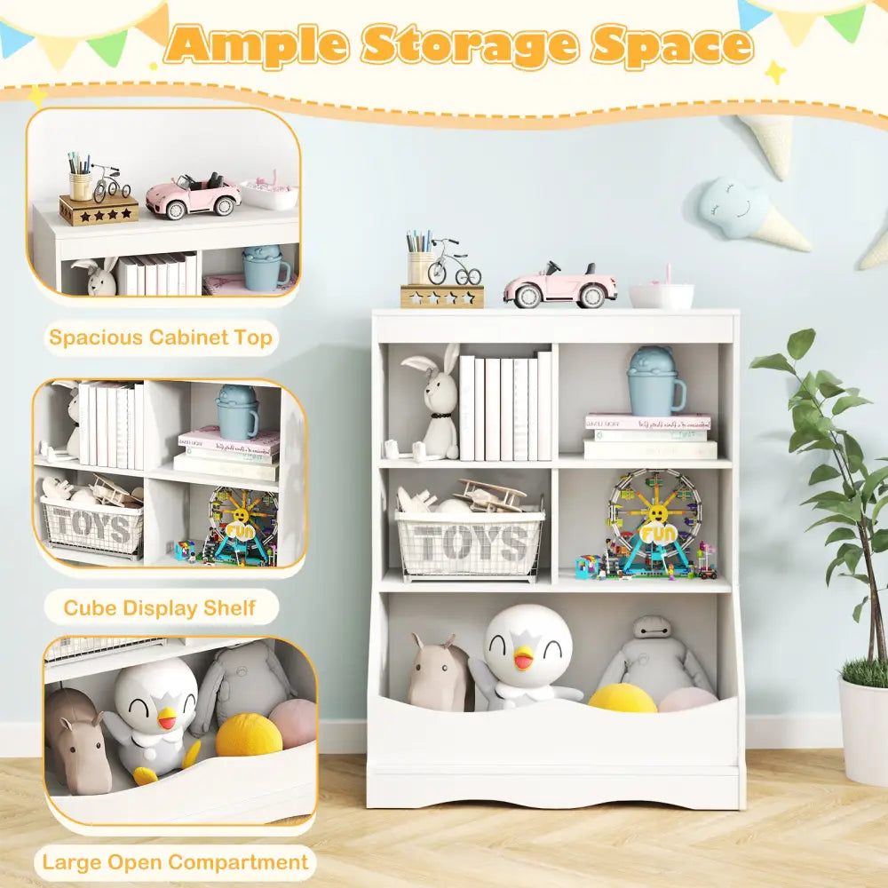 3-Tier Children’s Multi-Functional Bookcase Toy Storage Bin Floor Cabinet-White - White - Kids Storage