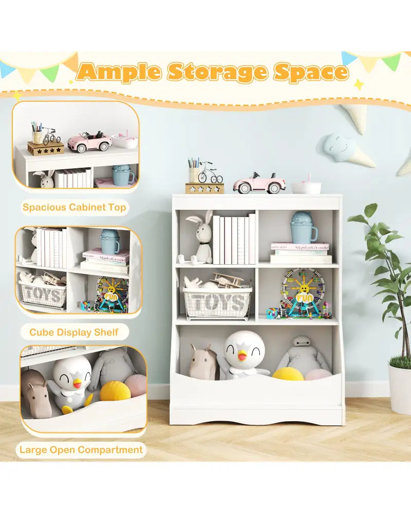 3-Tier Children’s Multi-Functional Bookcase Toy Storage Bin Floor Cabinet-White - White - Kids Storage