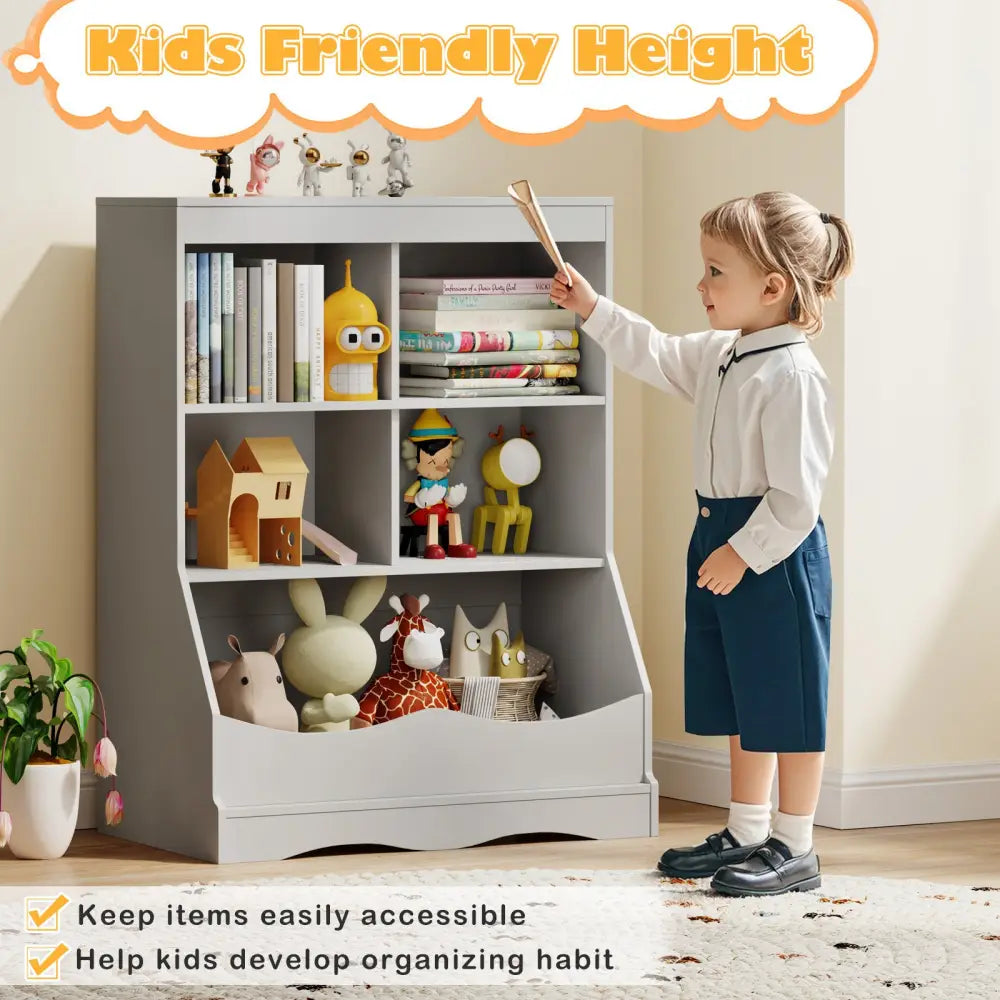 3-Tier Children’s Multi-Functional Bookcase Toy Storage Bin Floor Cabinet-Gray - Gray - Kids Storage