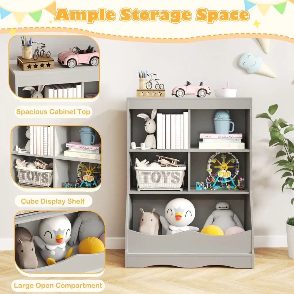 3-Tier Children’s Multi-Functional Bookcase Toy Storage Bin Floor Cabinet-Gray - Gray - Kids Storage