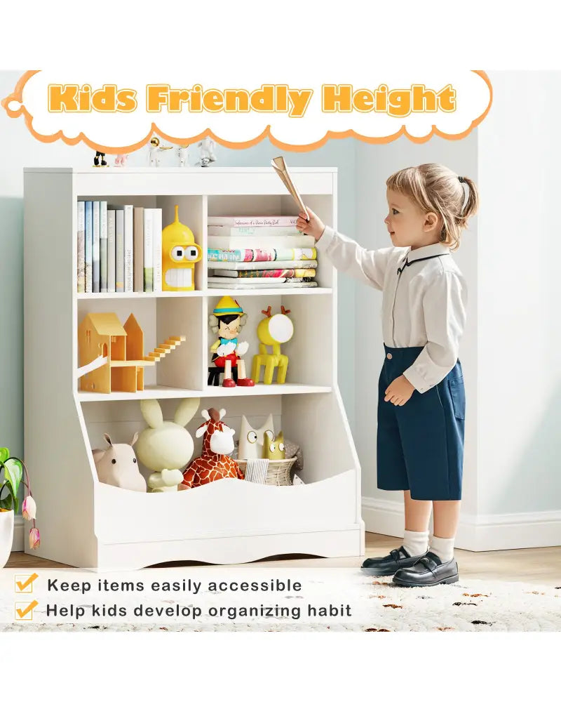 3-Tier Children’s Multi-Functional Bookcase Toy Storage Bin Floor Cabinet-White - White - Kids Storage