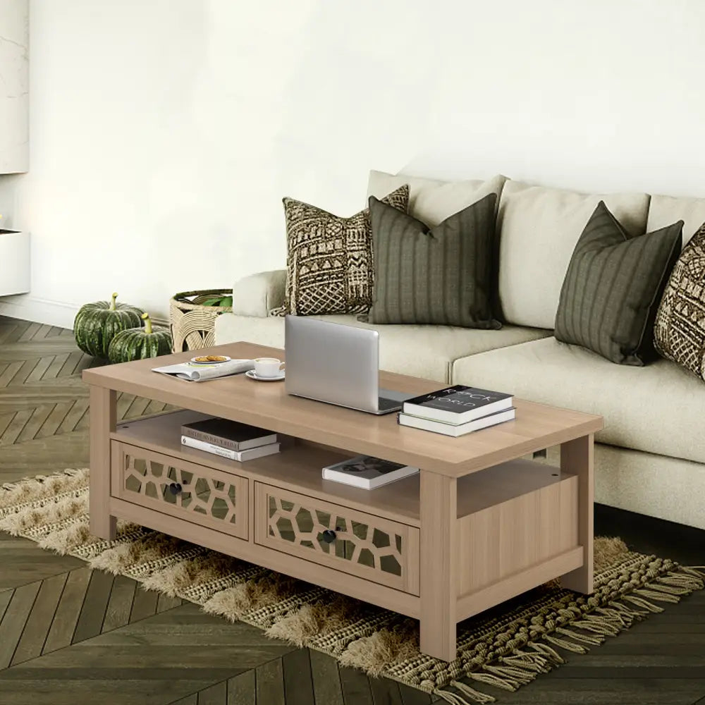 3-tier Coffee Table with 2 Drawers and 5 Support Legs-Natural - Natural - Coffee Tables