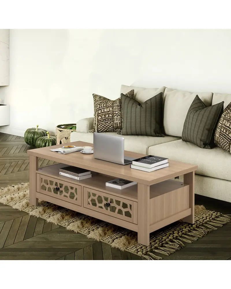 3-tier Coffee Table with 2 Drawers and 5 Support Legs-Natural - Natural - Coffee Tables
