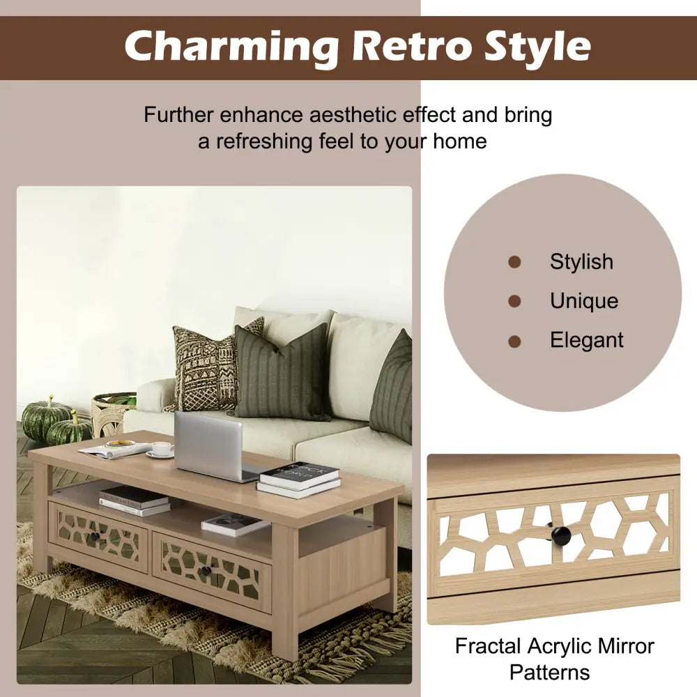 3-tier Coffee Table with 2 Drawers and 5 Support Legs-Natural - Natural - Coffee Tables