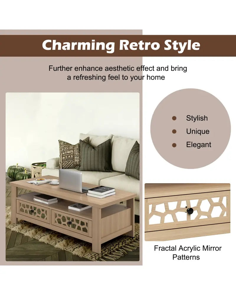 3-tier Coffee Table with 2 Drawers and 5 Support Legs-Natural - Natural - Coffee Tables