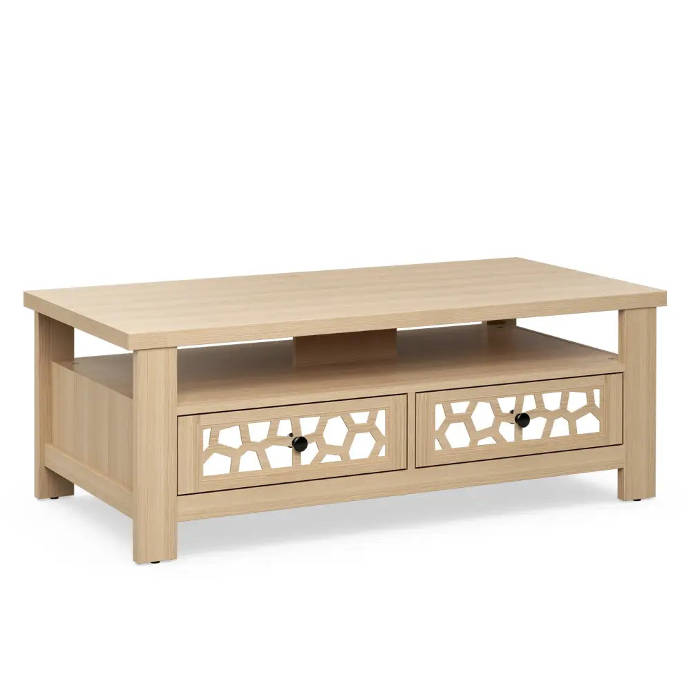 3-tier Coffee Table with 2 Drawers and 5 Support Legs-Natural - Natural - Coffee Tables