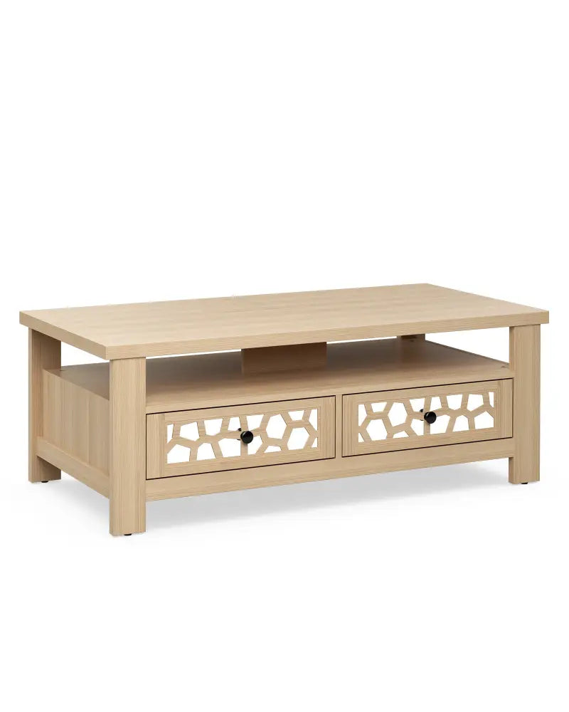 3-tier Coffee Table with 2 Drawers and 5 Support Legs-Natural - Natural - Coffee Tables