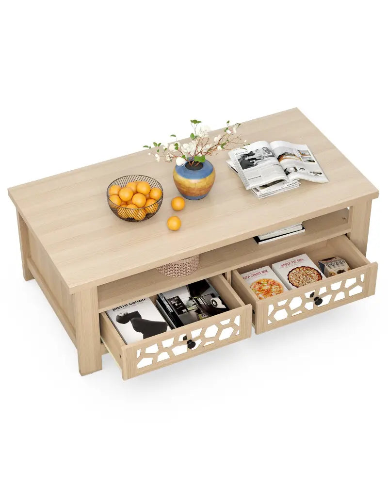 3-tier Coffee Table with 2 Drawers and 5 Support Legs-Natural - Natural - Coffee Tables