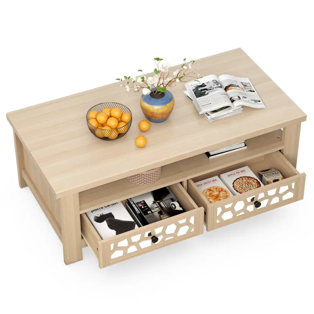 3-tier Coffee Table with 2 Drawers and 5 Support Legs-Natural - Natural - Coffee Tables
