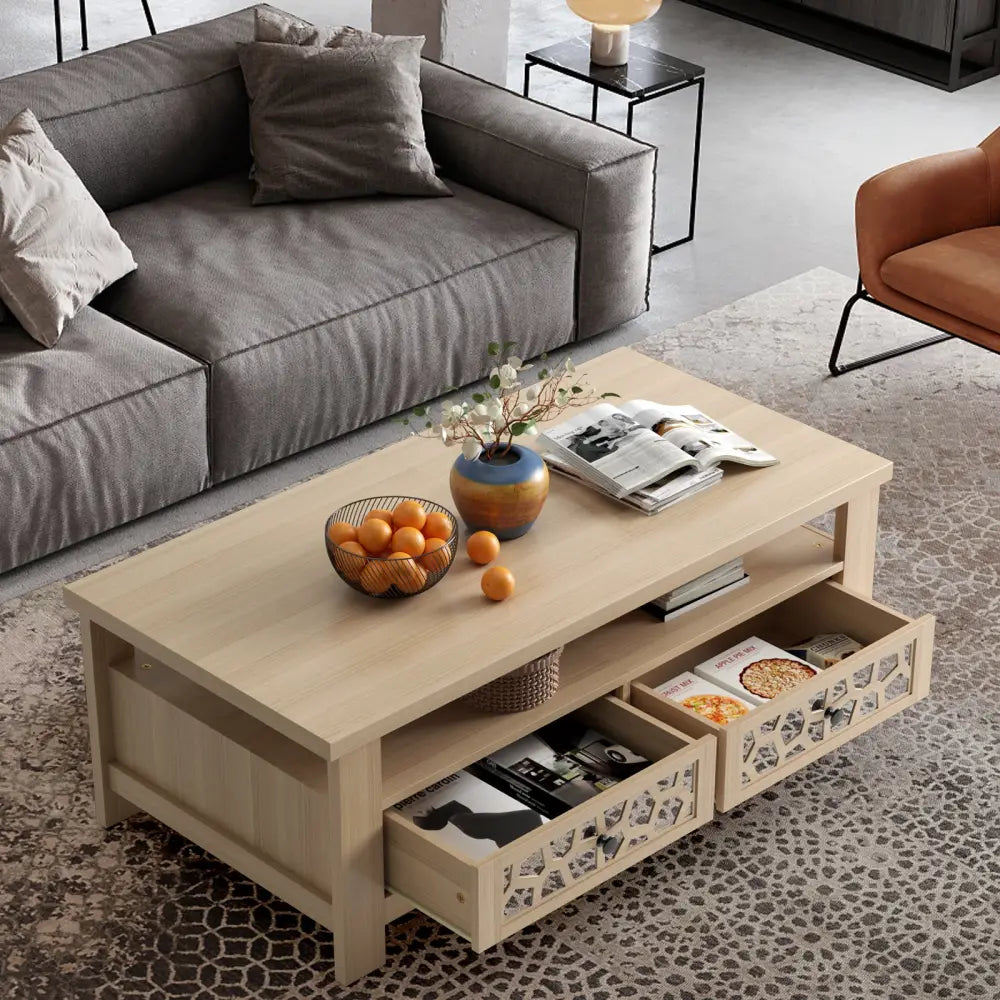 3-tier Coffee Table with 2 Drawers and 5 Support Legs-Natural - Natural - Coffee Tables