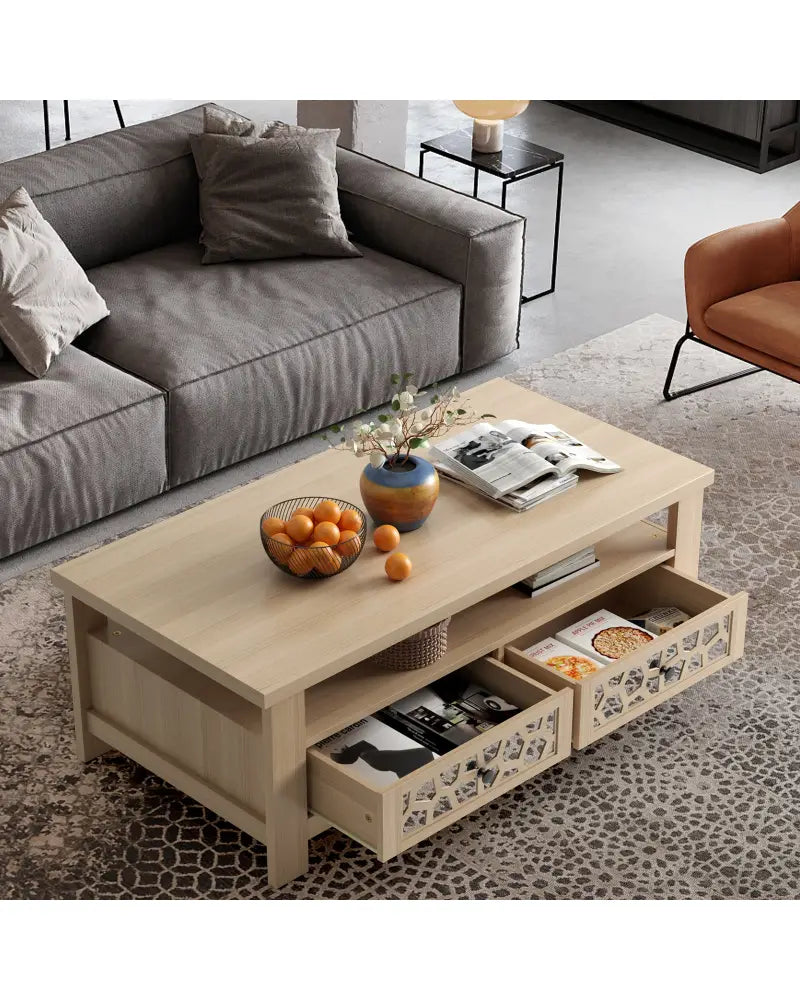3-tier Coffee Table with 2 Drawers and 5 Support Legs-Natural - Natural - Coffee Tables