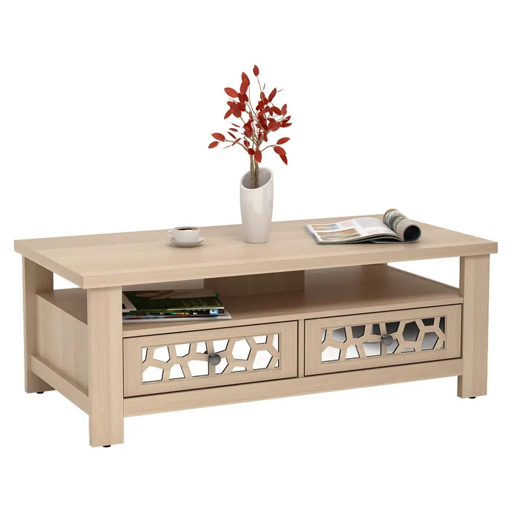 3-tier Coffee Table with 2 Drawers and 5 Support Legs-Natural - Natural - Coffee Tables
