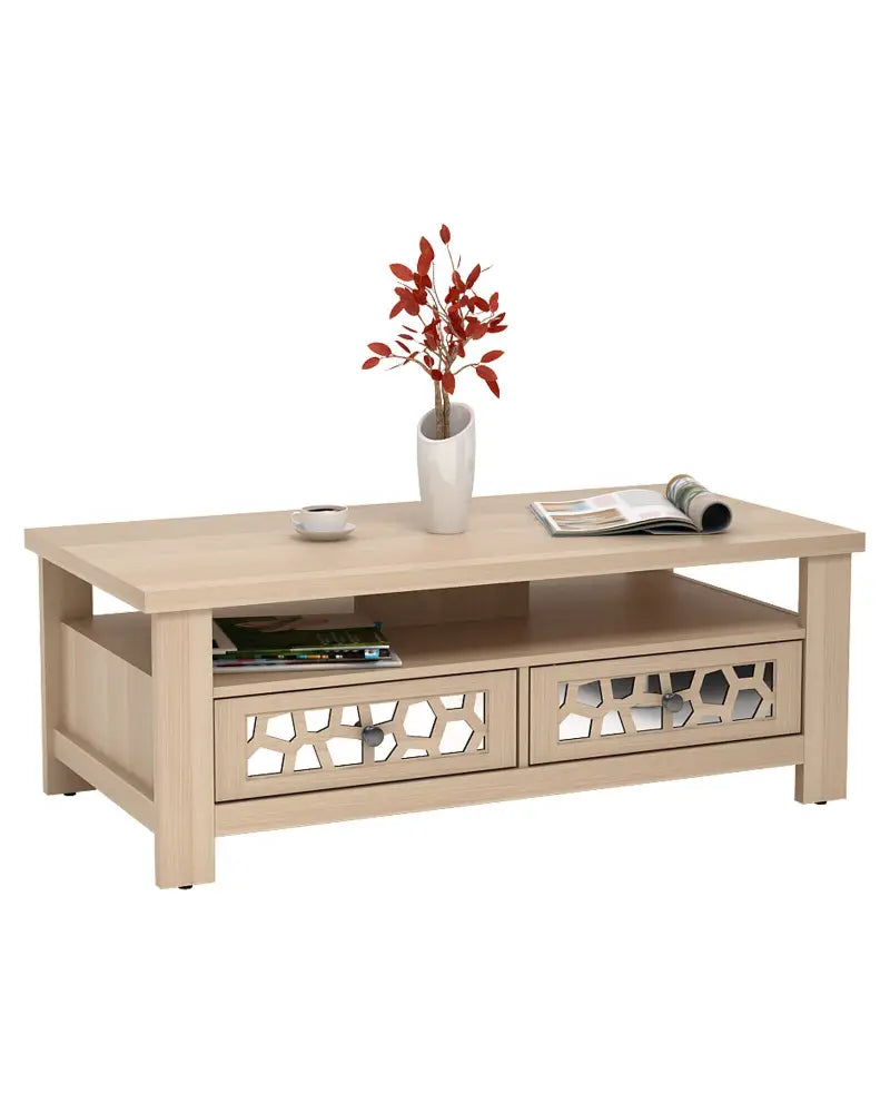 3-tier Coffee Table with 2 Drawers and 5 Support Legs-Natural - Natural - Coffee Tables