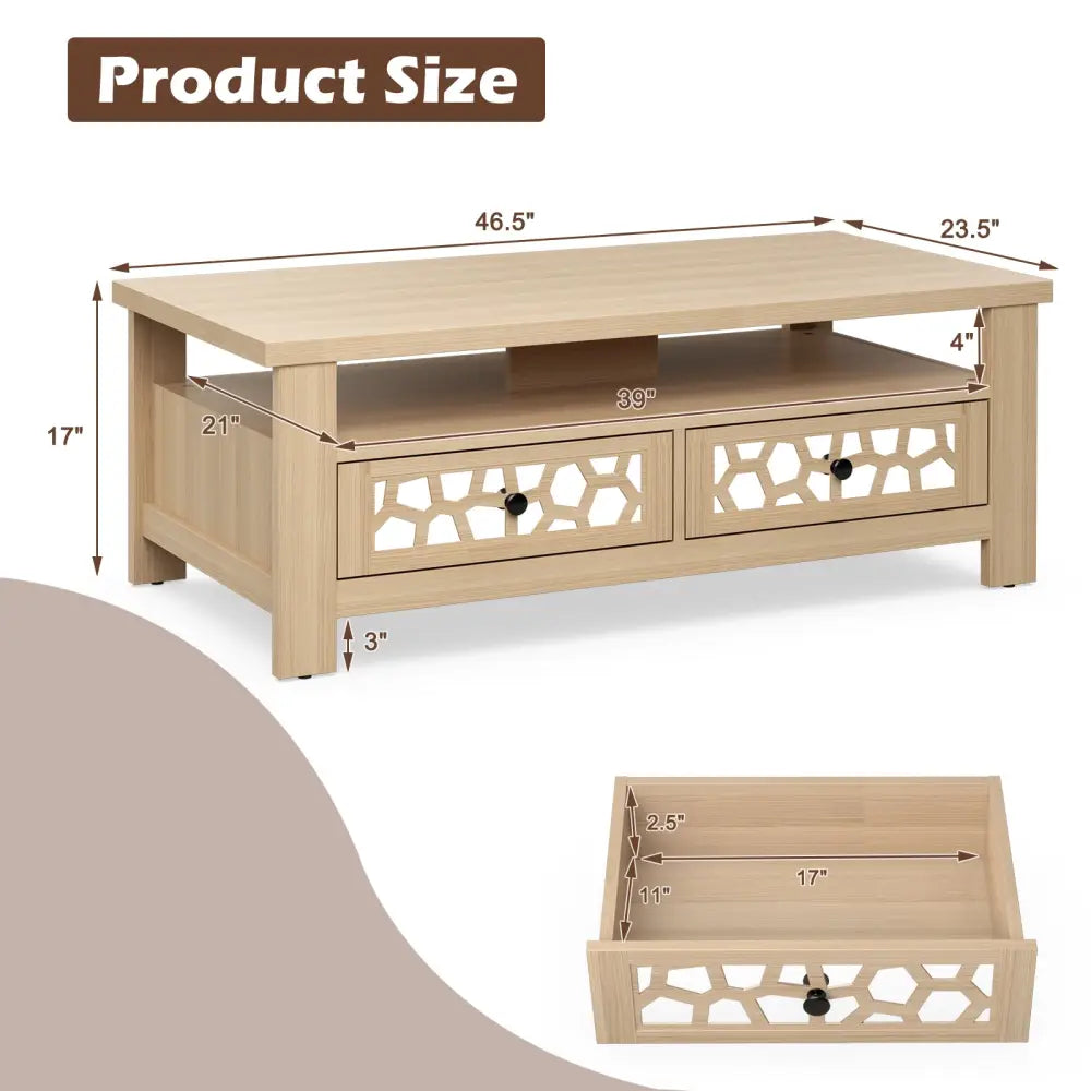 3-tier Coffee Table with 2 Drawers and 5 Support Legs-Natural - Natural - Coffee Tables