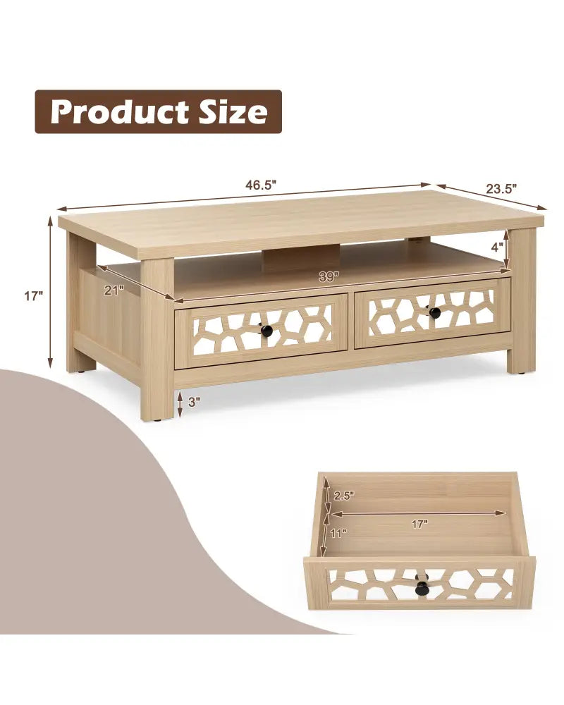 3-tier Coffee Table with 2 Drawers and 5 Support Legs-Natural - Natural - Coffee Tables