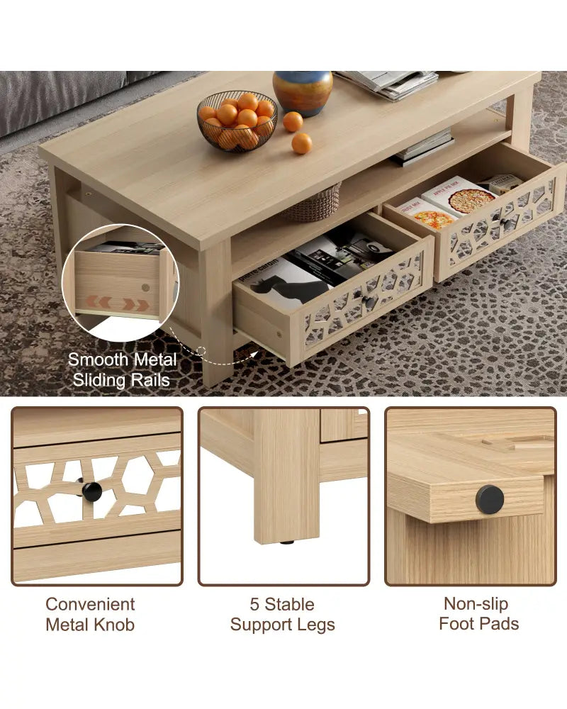 3-tier Coffee Table with 2 Drawers and 5 Support Legs-Natural - Natural - Coffee Tables